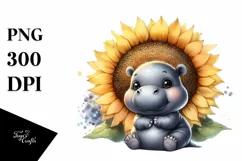Funny Cute Baby Hippo with Sunflower | Clipart Product Image 3