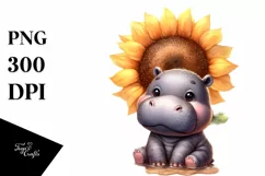 Funny Cute Baby Hippo with Sunflower | Clipart Product Image 3