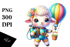 Smiling Lamb with Hot Air Balloon PNG Product Image 1