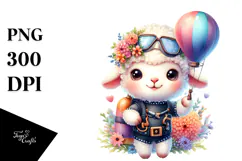 Smiling Lamb with Hot Air Balloon PNG Product Image 1