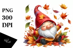 Cute Gnome Tumbling with Autumn Leaves in the Wind PNG Product Image 1