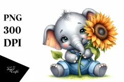 Funny Cute Baby Elephant Holding Sunflower | Clipart Product Image 3