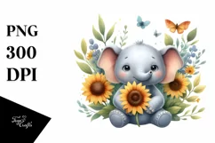 Funny Cute Baby Elephant Holding Sunflower | Clipart Product Image 3