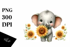 Funny Cute Baby Elephant Holding Sunflower | Clipart Product Image 3