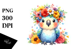 Cartoon Parrot with Flower Crown, Transparent PNG Product Image 1