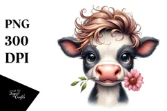 Funny Baby Cow with Flower Watercolor Design Product Image 1