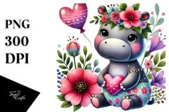 Cute Boho Hippo on Flower, PNG Product Image 1