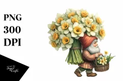 Detailed Watercolor Gnome Carrying Carnation Bouquet | Product Image 1