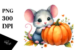 Simple Watercolor Baby Mouse with Pumpkin PNG Product Image 1