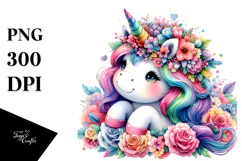 Cute Dressed Unicorn with Floral Wreath PNG Product Image 1