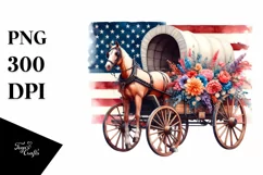 Watercolor Vintage Horse Wagon USA Flag Flower Clipart Product Image 1