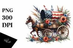 Watercolor Vintage Horse Wagon USA Flag Flower Clipart Product Image 3