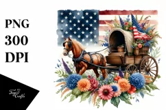 Watercolor Vintage Horse Wagon USA Flag Flower Clipart Product Image 3