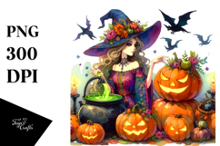Vibrant Witch with Pumpkin | Sublimation Clipart Product Image 1