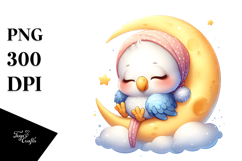Whimsical Baby Parrot Sleeping on Moon PNG Product Image 1