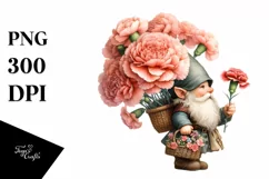 Detailed Watercolor Gnome Carrying Carnation Bouquet | Product Image 1