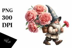 Detailed Watercolor Gnome Carrying Carnation Bouquet | Product Image 1