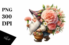 Detailed Watercolor Gnome Carrying Carnation Bouquet | Product Image 3