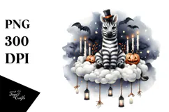 Watercolor Halloween Zebra Sitting on Cloud PNG Product Image 1