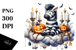 Watercolor Halloween Zebra Sitting on Cloud PNG Product Image 1