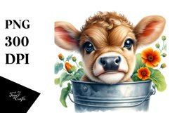 Cute Baby Highland Cow with Nasturtium, Transparent PNG Product Image 1