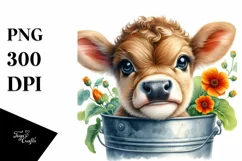 Cute Baby Highland Cow with Nasturtium, Transparent PNG Product Image 1