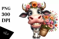 Funny Cow with Large Flower Bouquet | Sublimation | Clipart Product Image 1