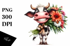 Funny Cow with Large Flower Bouquet | Sublimation | Clipart Product Image 1