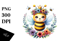 Watercolor Baby Bee Floral Wreath | Sublimation Clipart Product Image 1