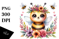 Watercolor Baby Bee Floral Wreath | Sublimation Clipart Product Image 1