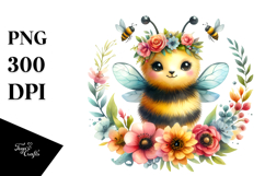 Watercolor Baby Bee Floral Wreath | Sublimation Clipart Product Image 1