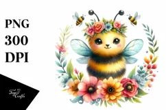Watercolor Baby Bee Floral Wreath | Sublimation Clipart Product Image 1