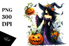 Spooky Witch with Pumpkin in the Style of , High-Res PNG Product Image 1