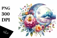 Whimsical Moon with Flowers, Transparent PNG Product Image 1