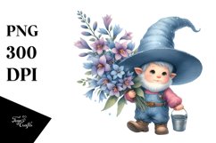 Watercolor Baby GNOME with Big Hat, Lobelia Bucket PNG Product Image 1