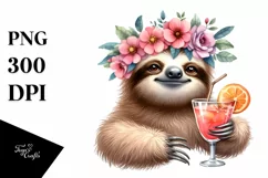 Watercolor Young Sloth Enjoying Cocktail | Summer Clipart Product Image 1