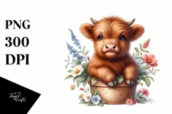 Smiling Highland Cow in Pot | Sublimation | Clipart Product Image 1