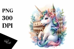 Colorful Unicorn with Italian Piazza, PNG Product Image 1
