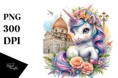 Colorful Baby Unicorn with Italian Piazza PNG Product Image 1