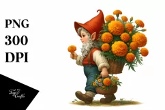 Detailed Digital Painting Gnome Carrying Marigold Bouquet | Product Image 1