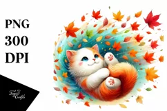 Colorful Cute Cat with Autumn Leaves, Transparent PNG Product Image 1