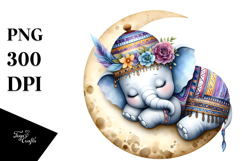 Boho Summer Baby Elephant Sleeping on Moon PNG Product Image 1