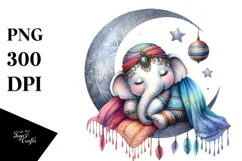 Vibrant Summer Baby Elephant Sleeping on Moon PNG Product Image 1