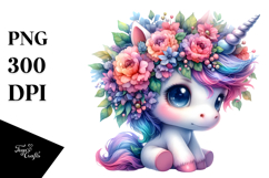 Cute Baby Unicorn with Floral Wreath PNG Product Image 1