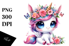 Cute Baby Unicorn with Floral Wreath PNG Product Image 1