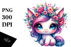 Cute Baby Unicorn with Floral Wreath PNG Product Image 1