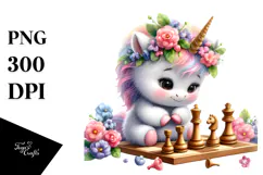 Cute Baby Unicorn Play Chess | Clipart Product Image 1