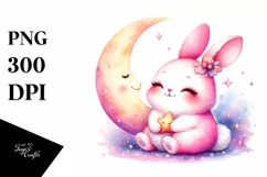 Colorful Cute Baby Bunny with Moon | Clipart Product Image 1