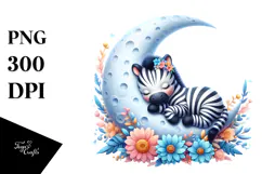 Whimsical Baby Zebra Sleeping on Moon, PNG Product Image 1