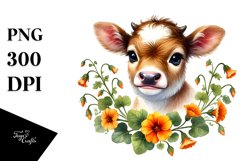 Smiling Baby Highland Cow with Nasturtium Product Image 1